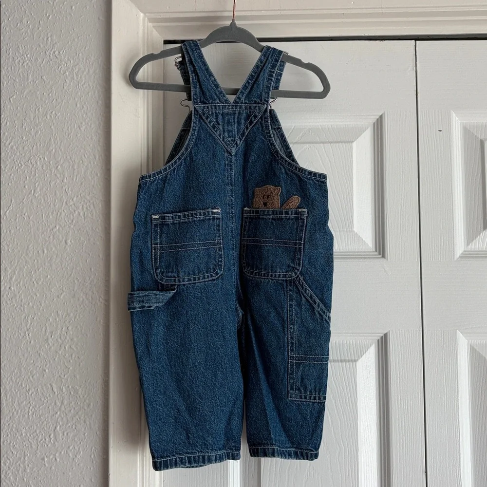 VINTAGE 1999 Baby GAP Blue Denim Overalls with Embroidered Bear Patches